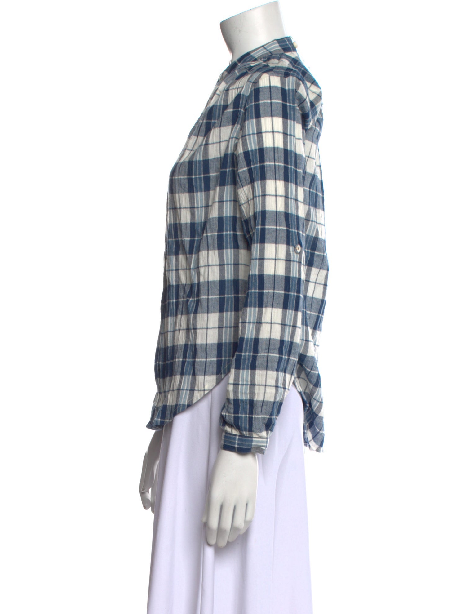 Suzie Kondi Plaid Print Mock Neck Button-Up Top