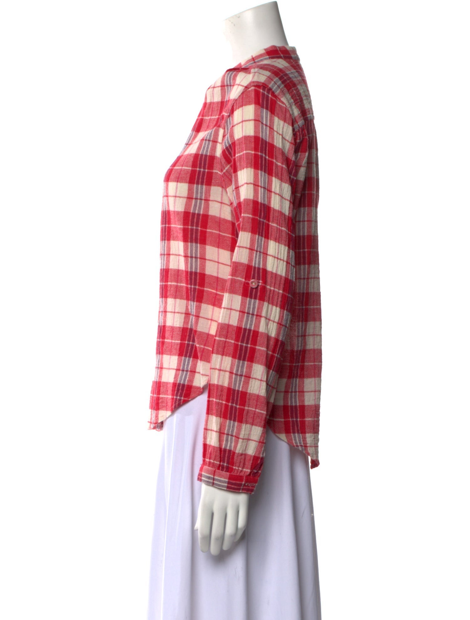 Suzie Kondi Plaid Print Mock Neck Button-Up Top