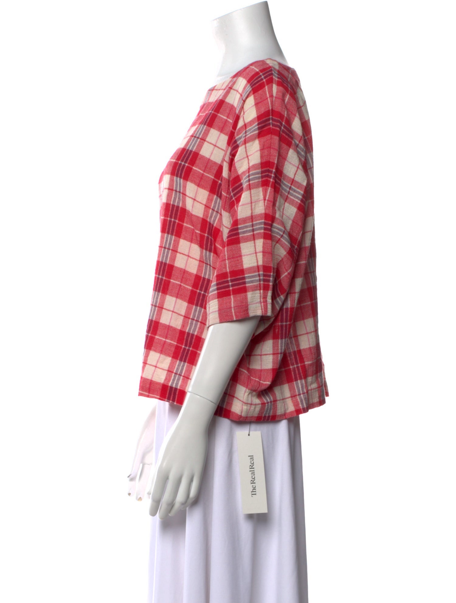 Suzie Kondi Plaid Print Bateau Neckline Blouse