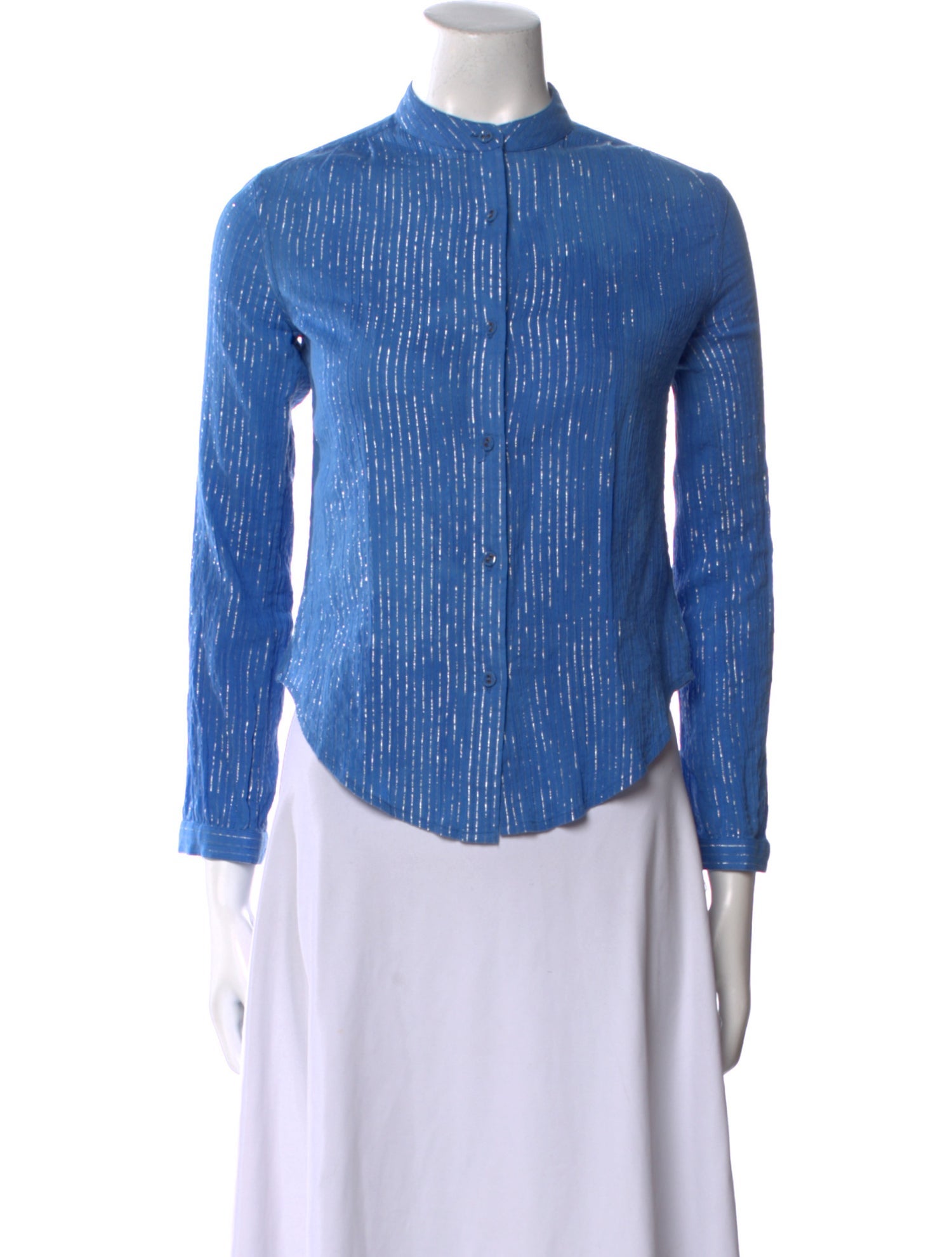 Suzie Kondi Striped Mock Neck Button-Up Top