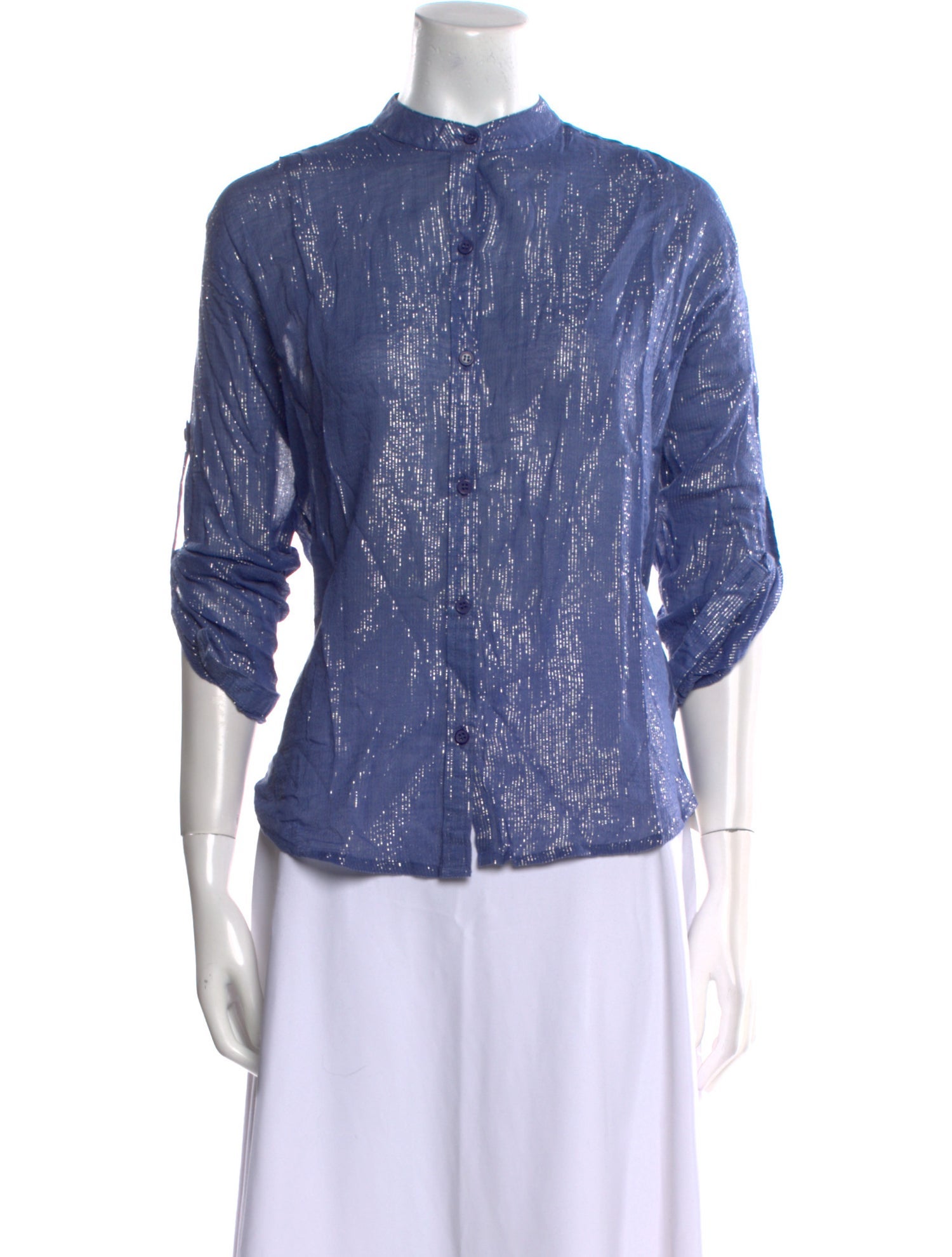 Suzie Kondi Patterned Mock Neck Button-Up Top