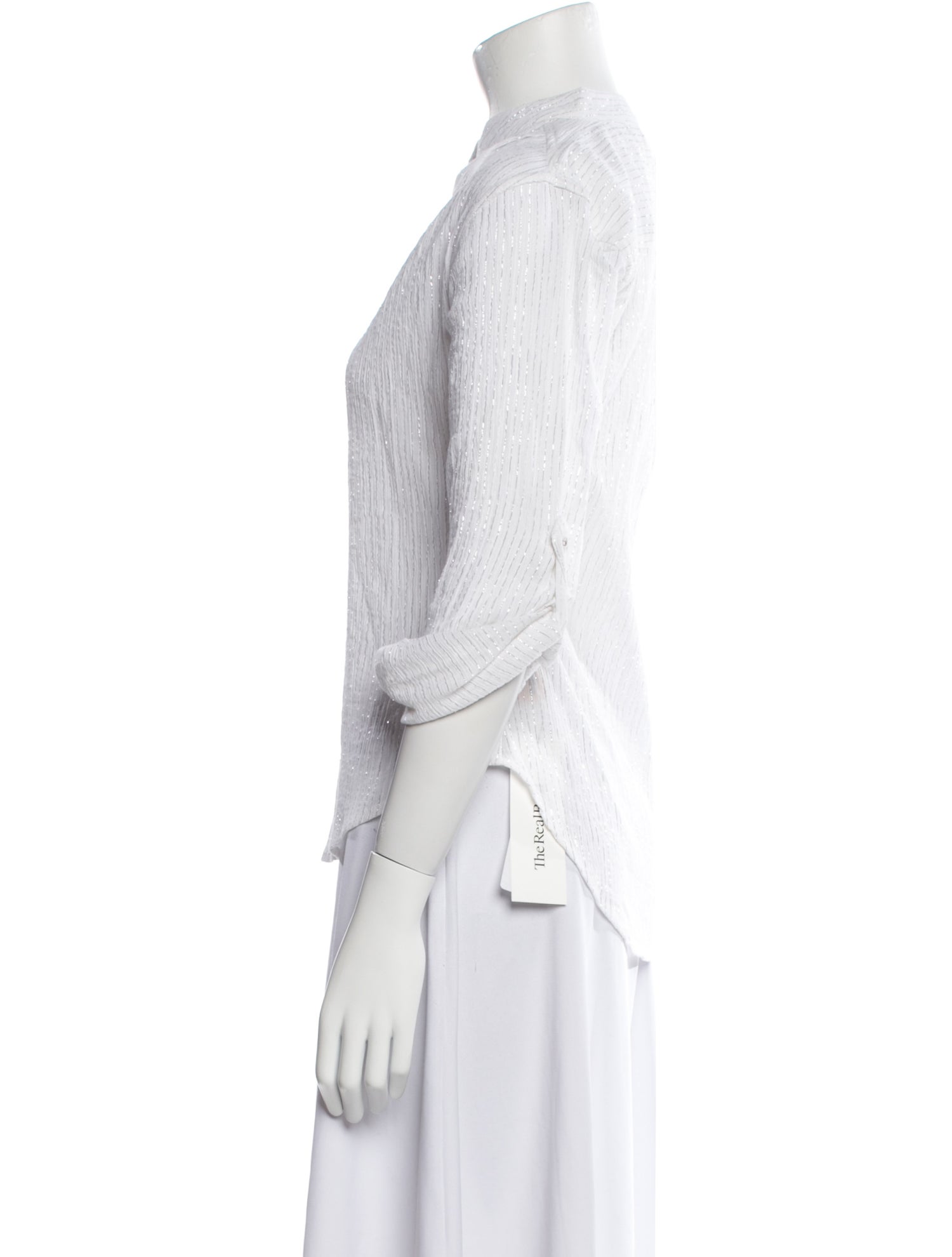 Suzie Kondi Striped Mock Neck Button-Up Top