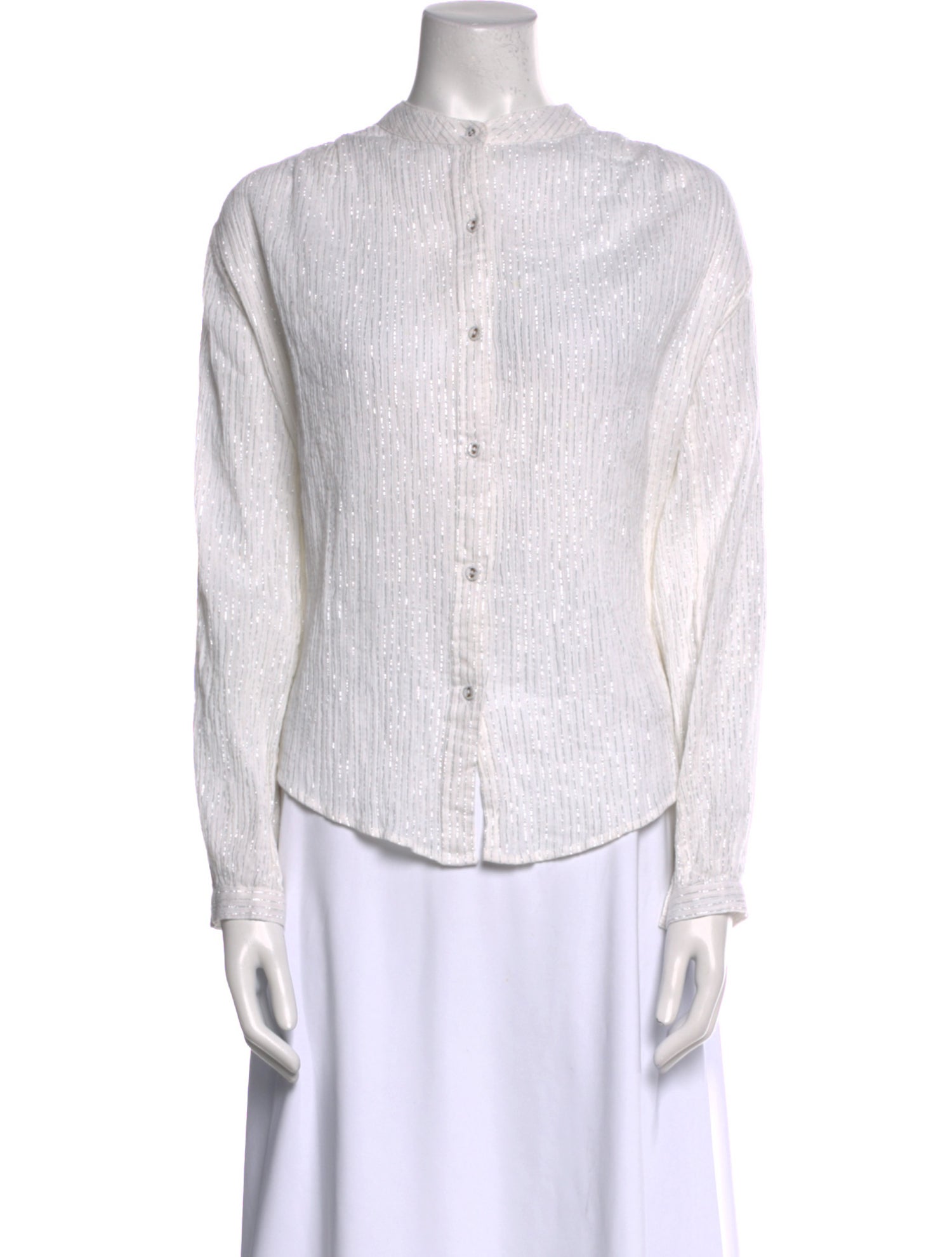 Suzie Kondi Striped Mock Neck Button-Up Top