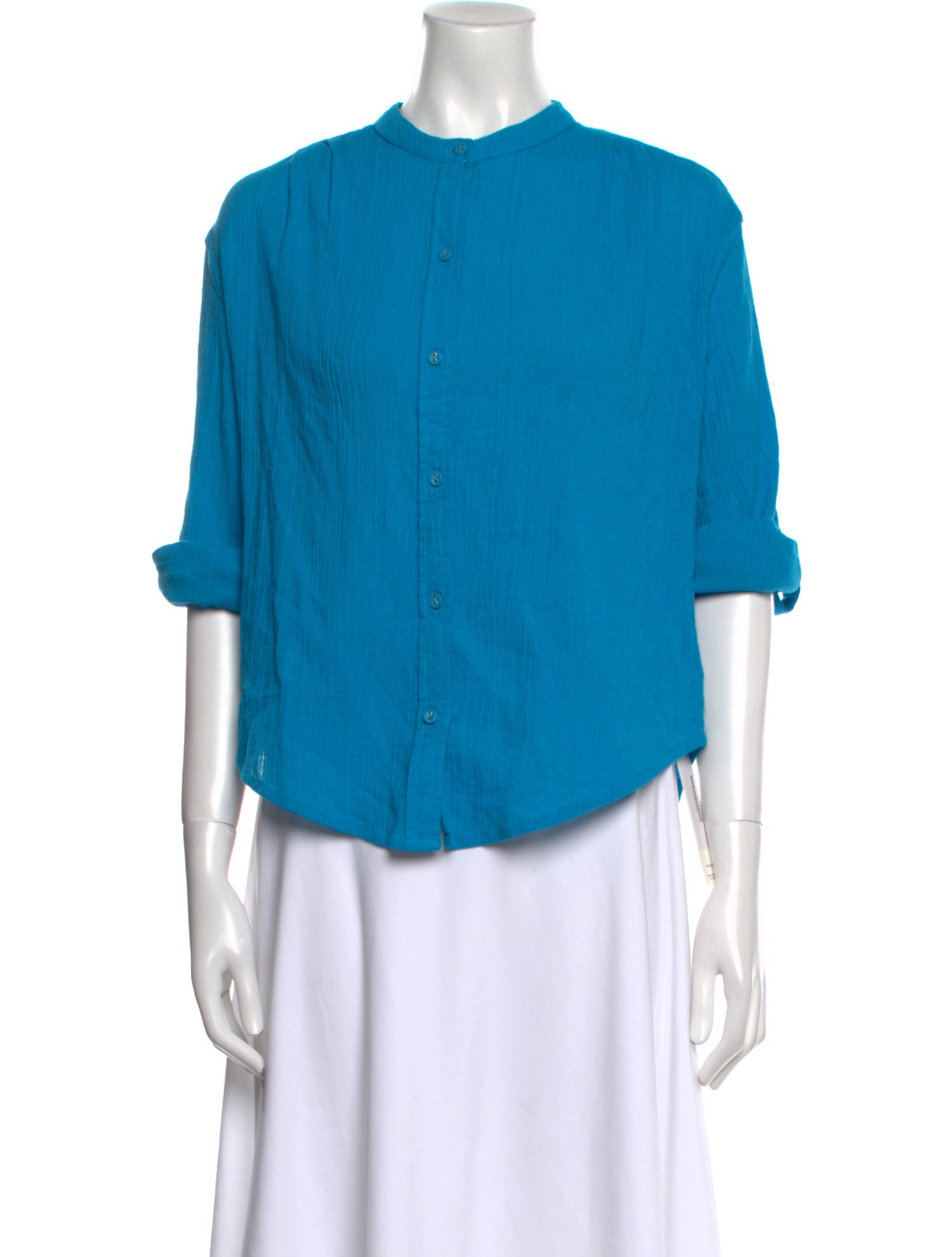 Suzie Kondi Mock Neck Three-Quarter Sleeve Button-Up Top