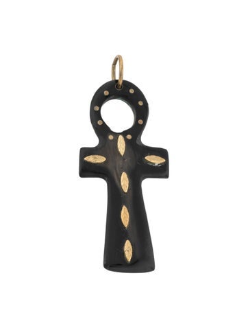 Pre-owned Ashley Pittman Studded Horn Leaf Motif Cross Pendant, 4.5" In Brown