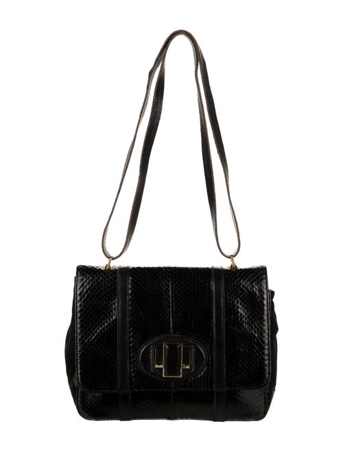 Kotur Suede-Trimmed Snakeskin Flap Bag Black