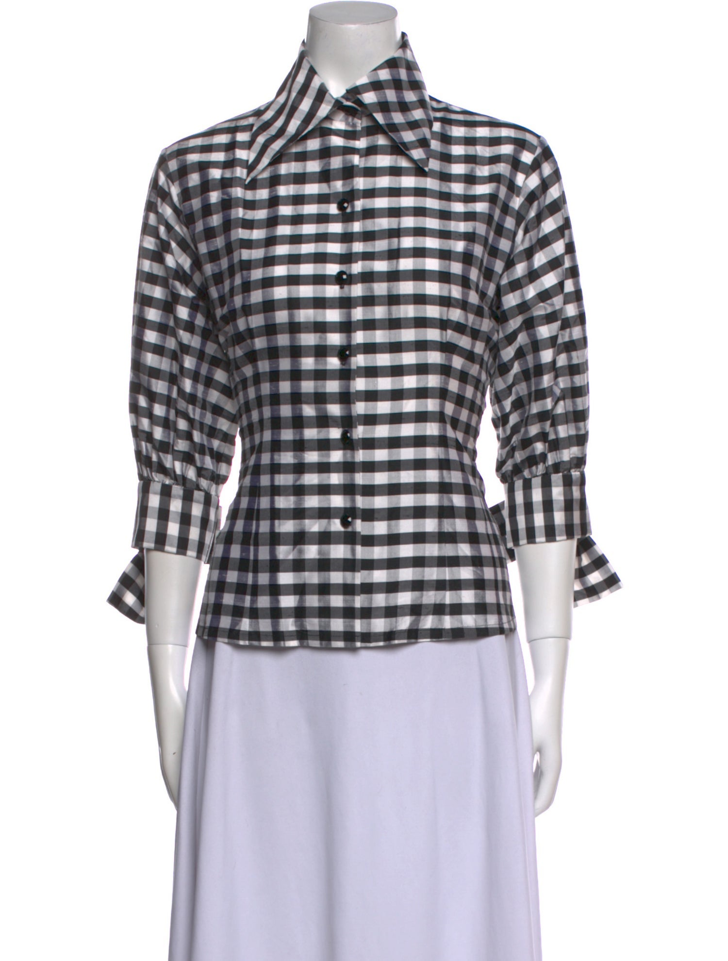 Kevan Hall Plaid Print Three-Quarter Sleeve Button-Up Top