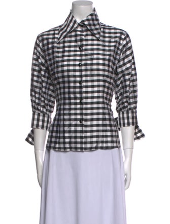 Kevan Hall Plaid Print Three-Quarter Sleeve Button-Up Top