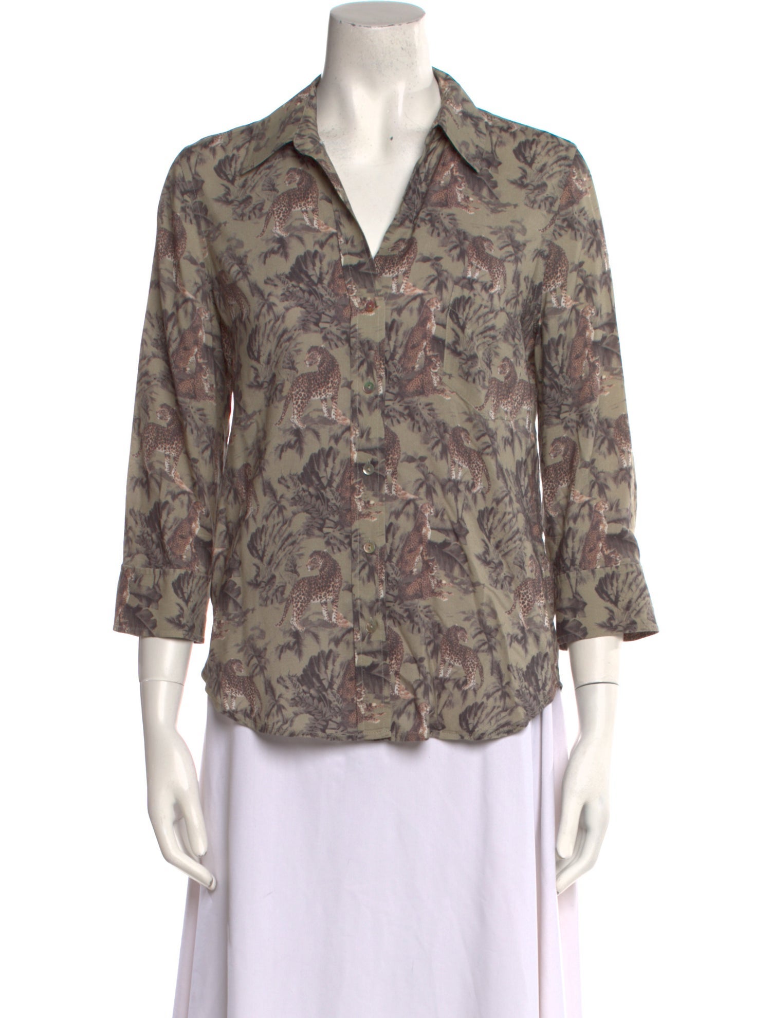 L'Agence Floral Print Three-Quarter Sleeve Button-Up Top