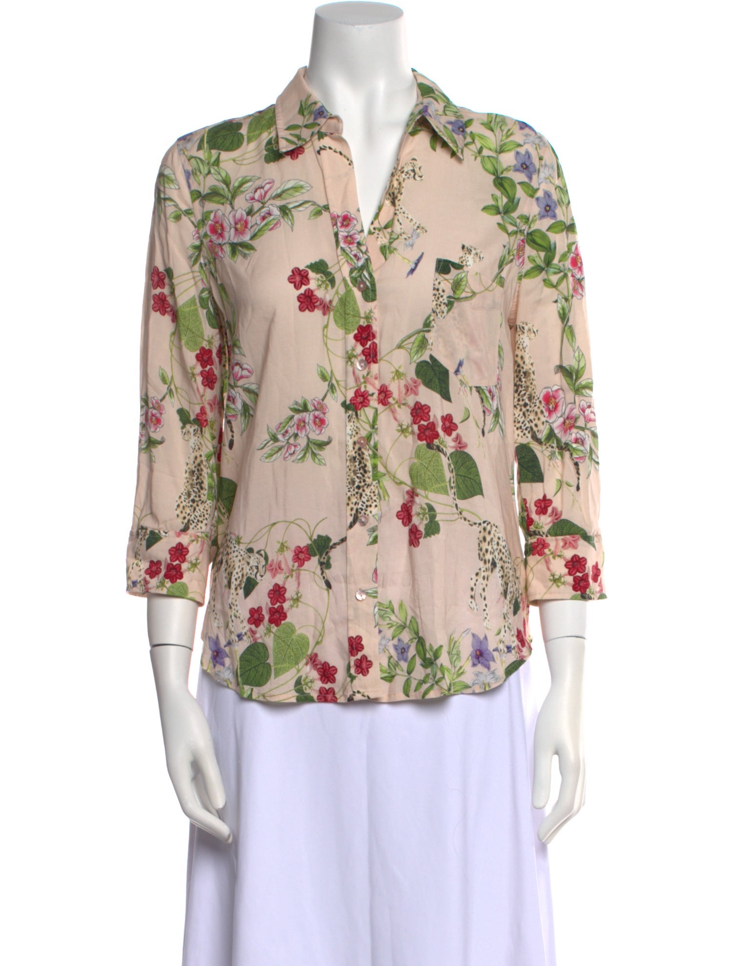 L'Agence Floral Print Three-Quarter Sleeve Button-Up Top