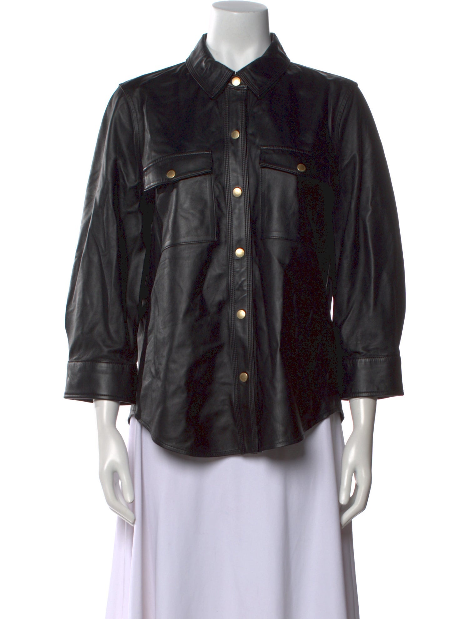 L'Agence Leather Three-Quarter Sleeve Button-Up Top