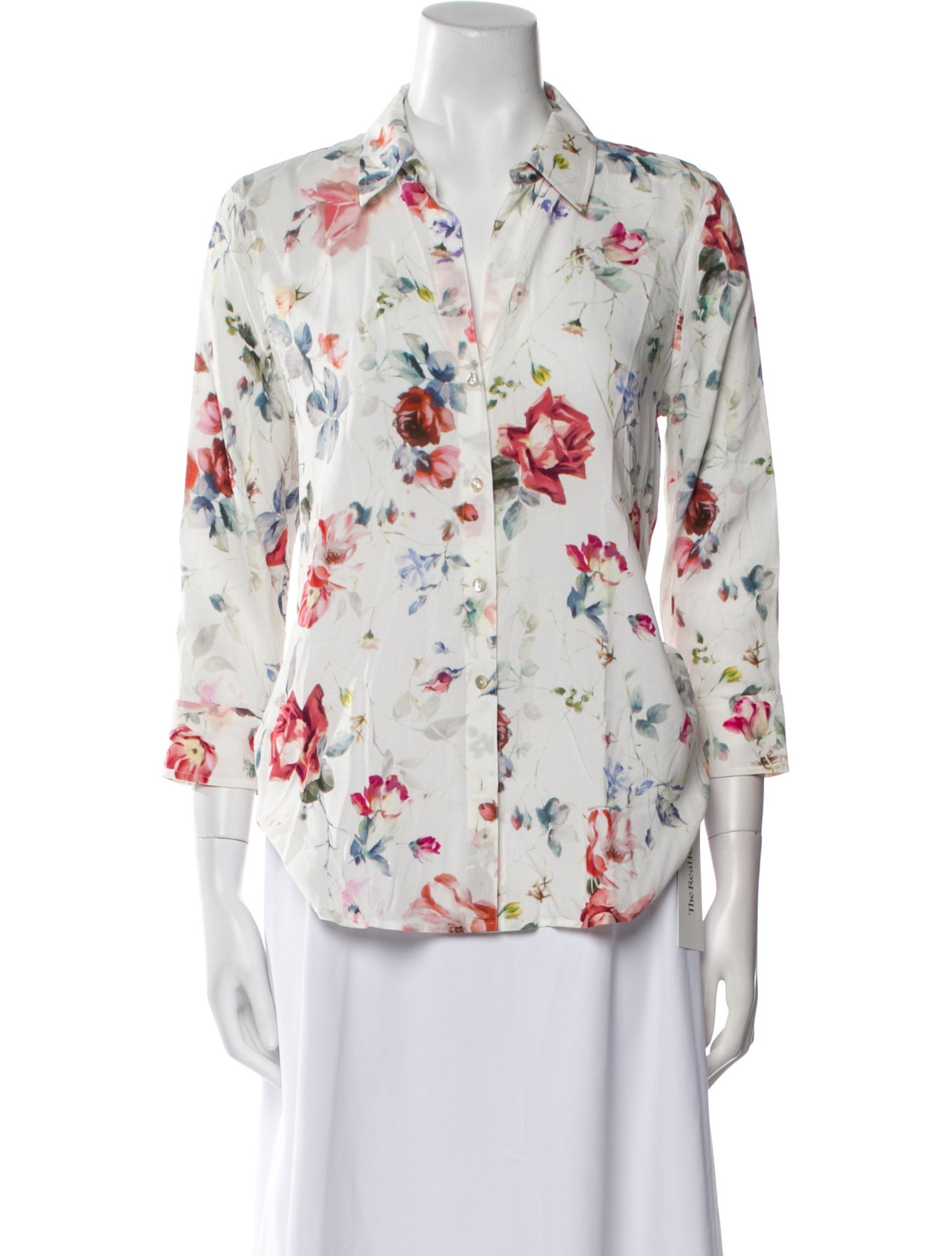 L'Agence Floral Print Three-Quarter Sleeve Button-Up Top