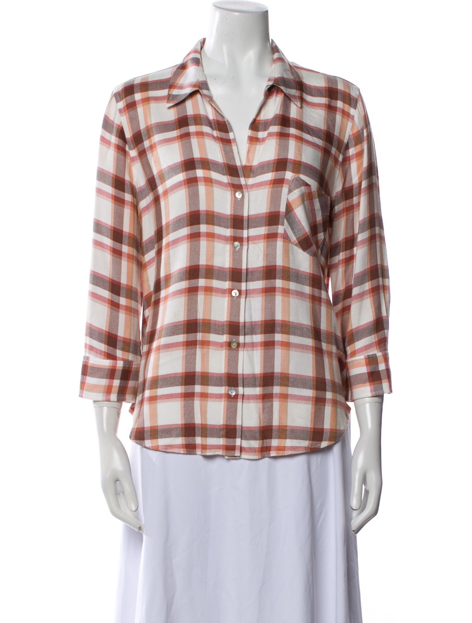 L'Agence Plaid Print Three-Quarter Sleeve Button-Up Top