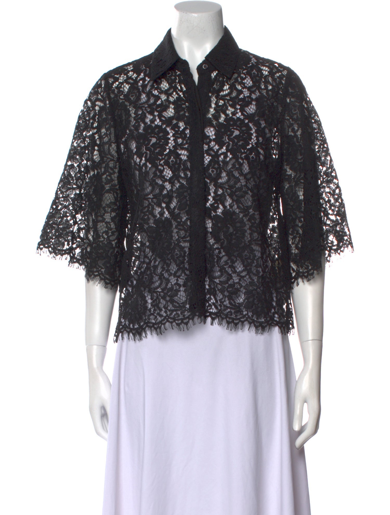 L'Agence Nylon Lace Pattern Button-Up Top