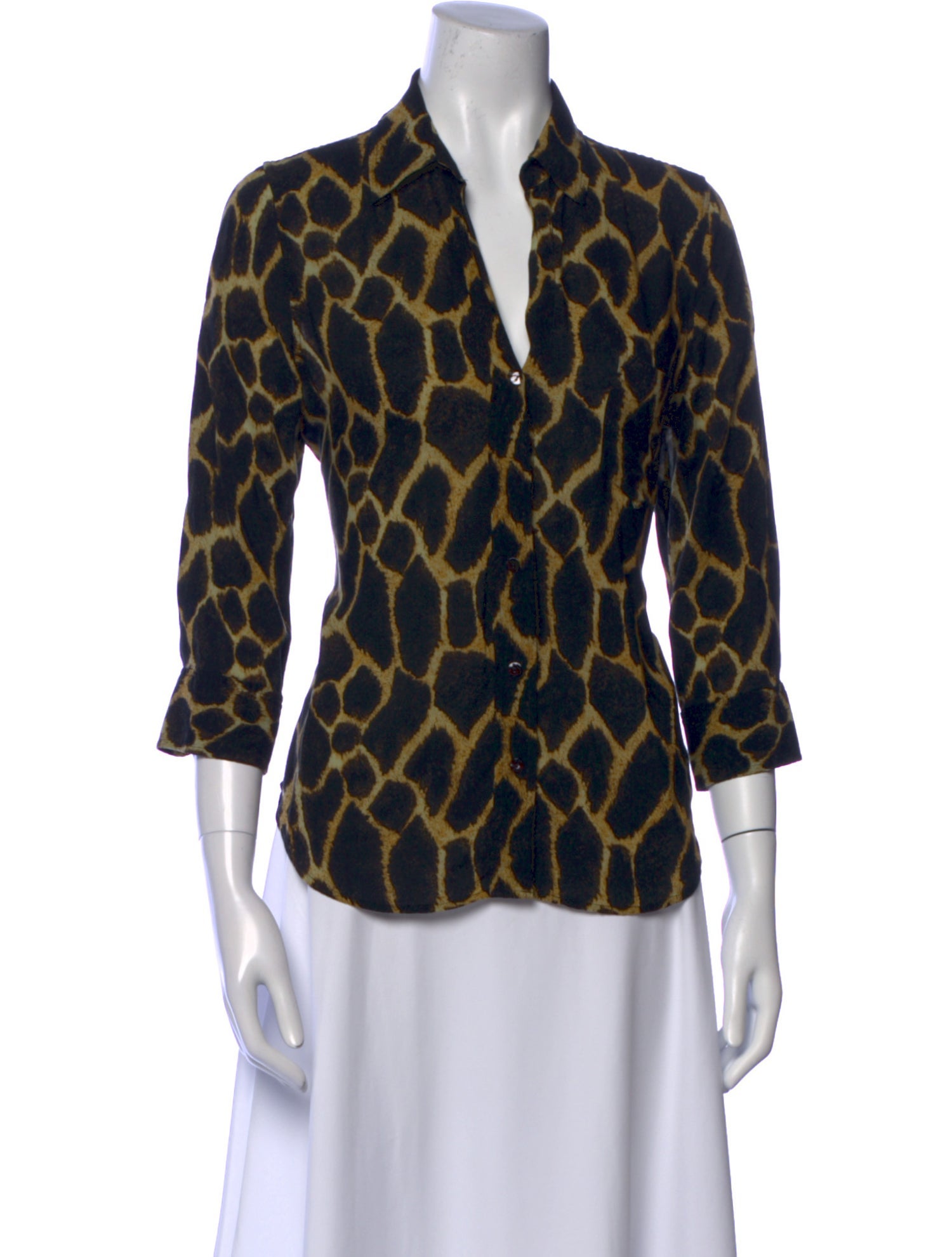L'Agence Animal Print Three-Quarter Sleeve Button-Up Top