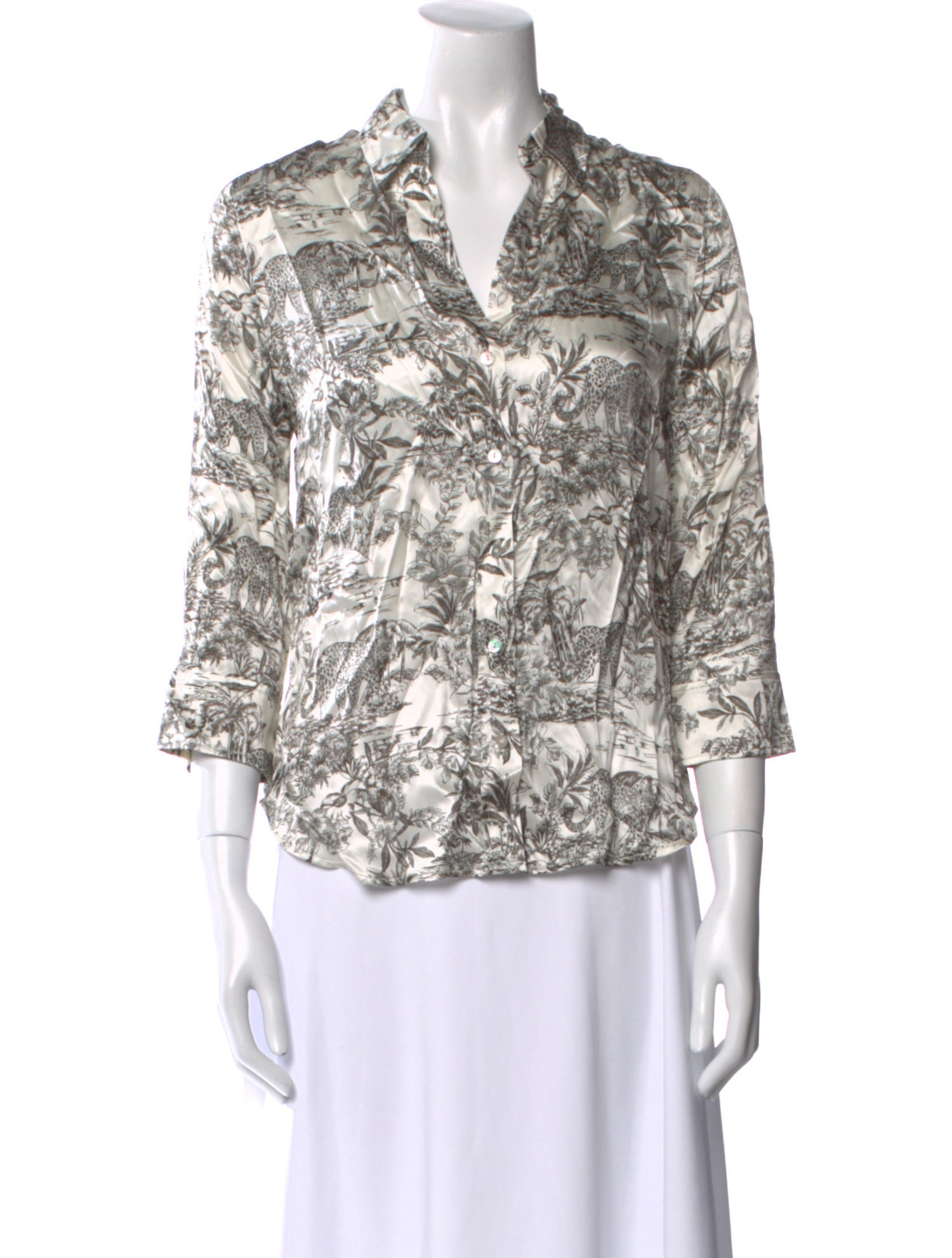 L'Agence Printed Three-Quarter Sleeve Button-Up Top
