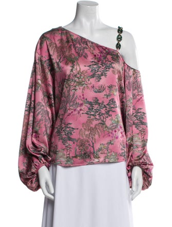 L'Agence Floral Print One-Shoulder Blouse