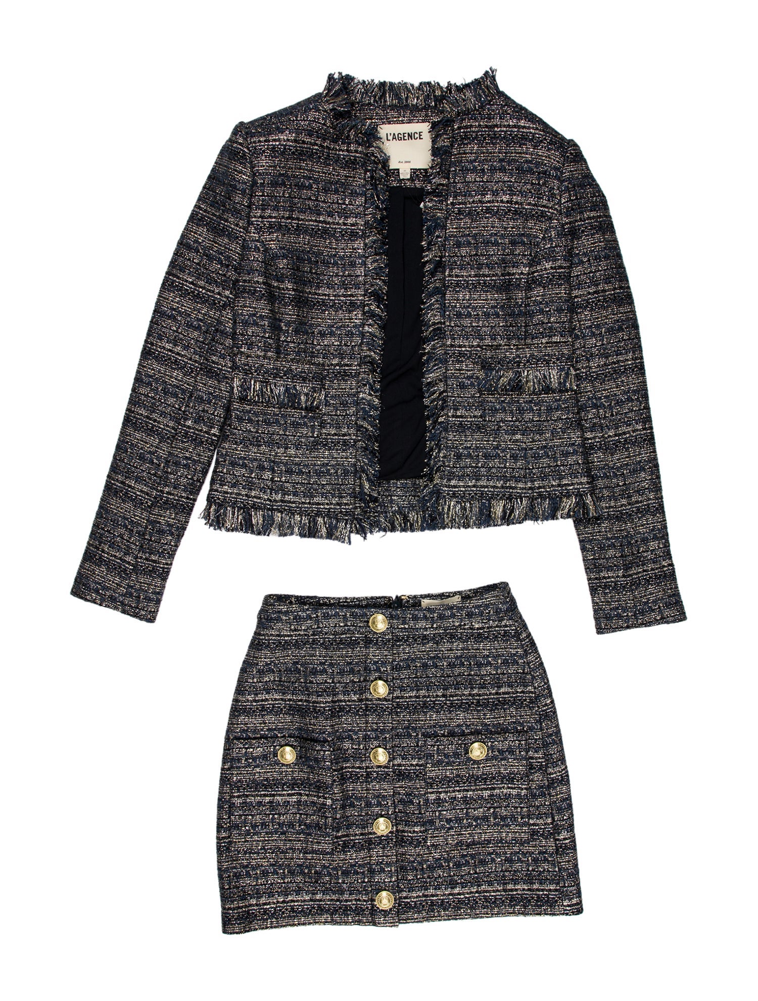 L'Agence Tweed Pattern Fringe Trim Accent Skirt Suit w/ Tags