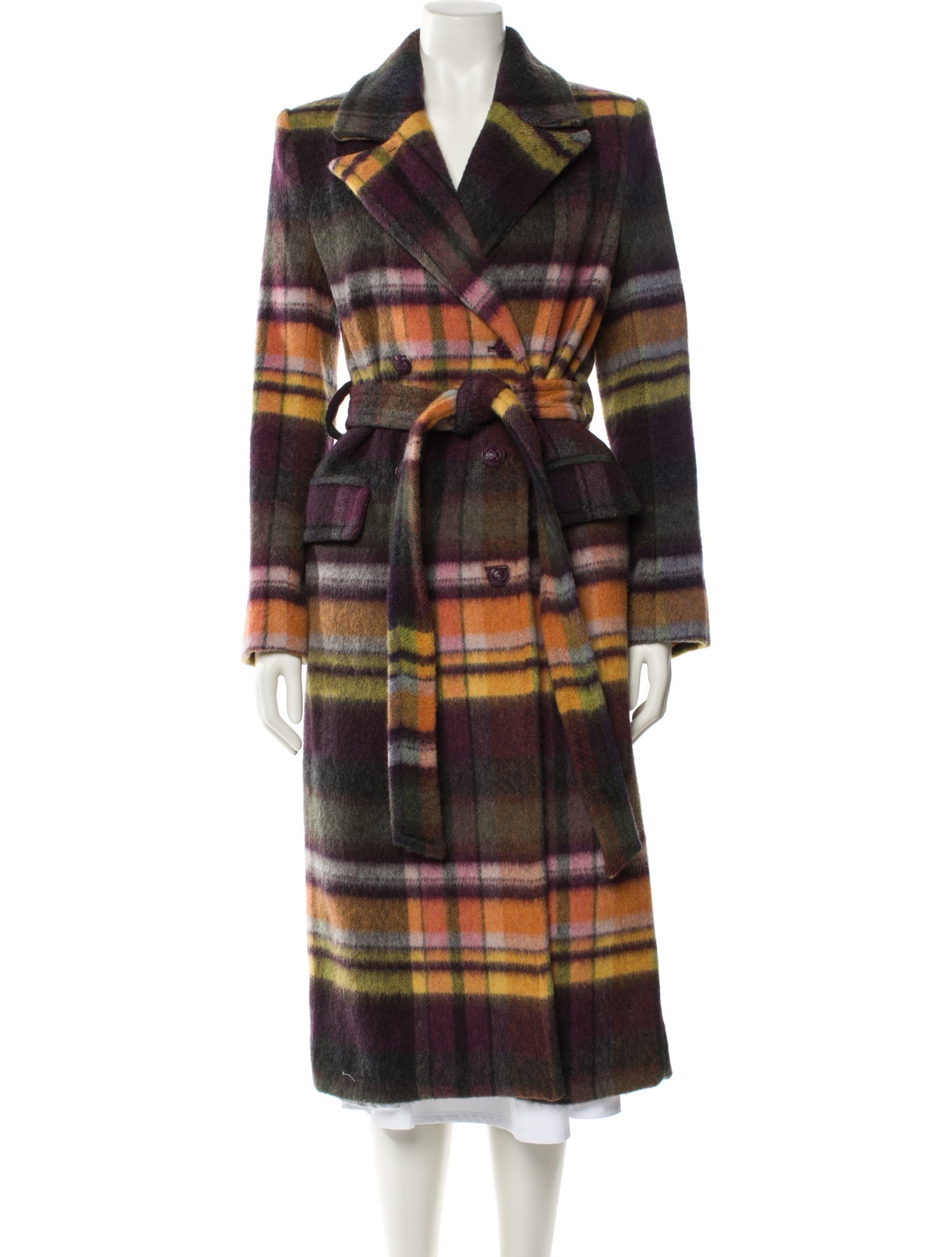 L'Agence Wool Plaid Print Trench Coat