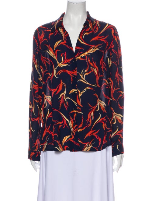 L'Agence Silk Floral Print Button-Up Top Blue