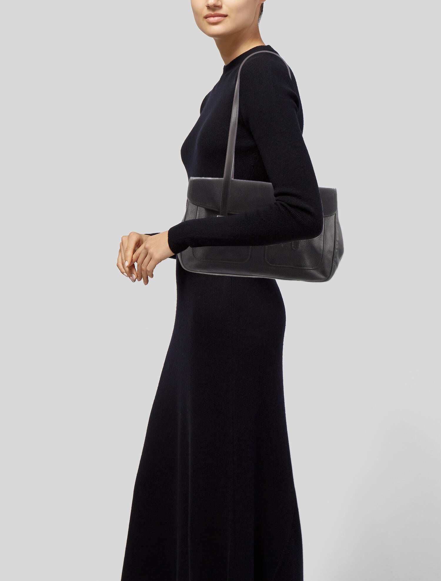 Longchamp Textured Leather Shoulder Bag Black Shoulder Bags, Handbags