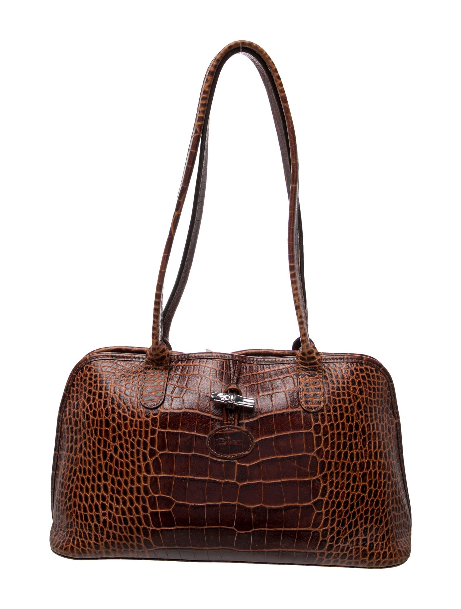 Longchamp Embossed Leather Shoulder Bag - Brown Shoulder Bags 