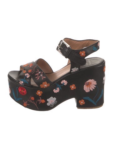 Pre-owned Laurence Dacade Leather Floral Print Slingback Sandals In Black