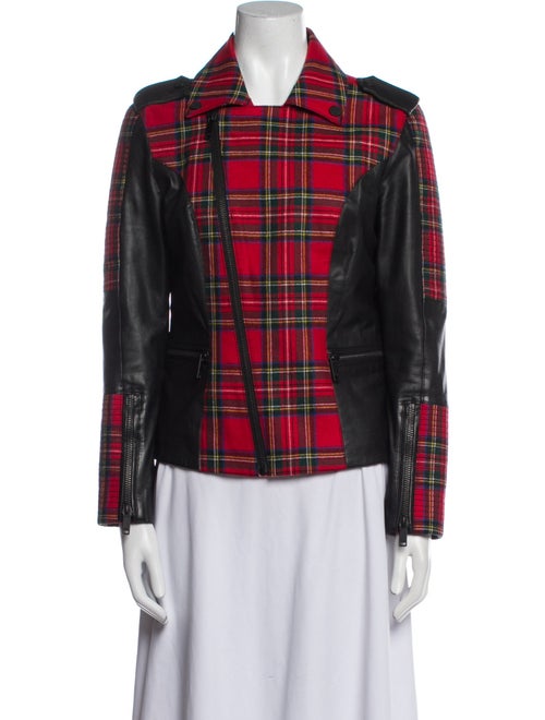 Lagerfeld Leather Plaid Print Blazer
