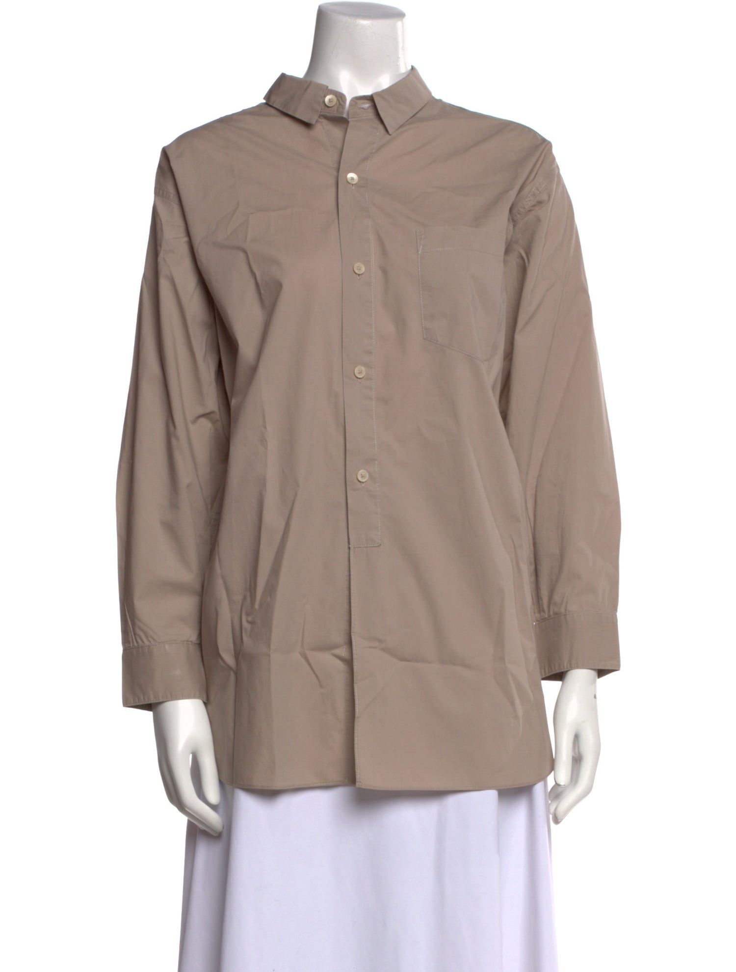La Garçonne Moderne Mock Neck Three-Quarter Sleeve Button-Up Top
