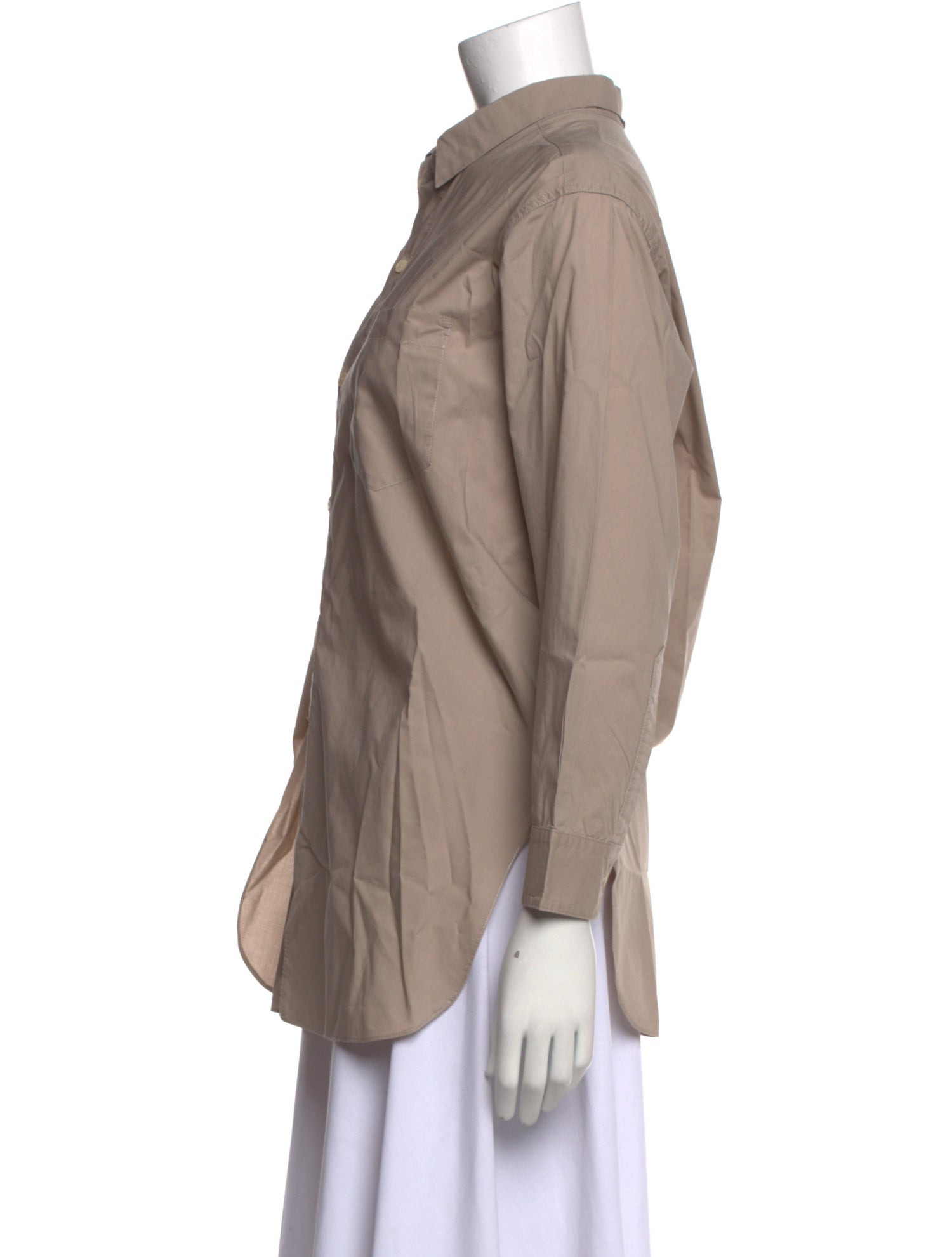 La Garçonne Moderne Mock Neck Three-Quarter Sleeve Button-Up Top