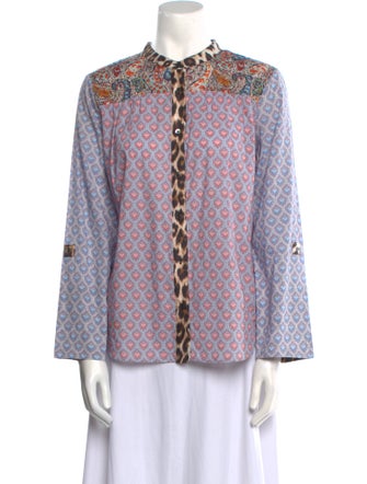 La Prestic Ouiston Printed Mock Neck Button-Up Top