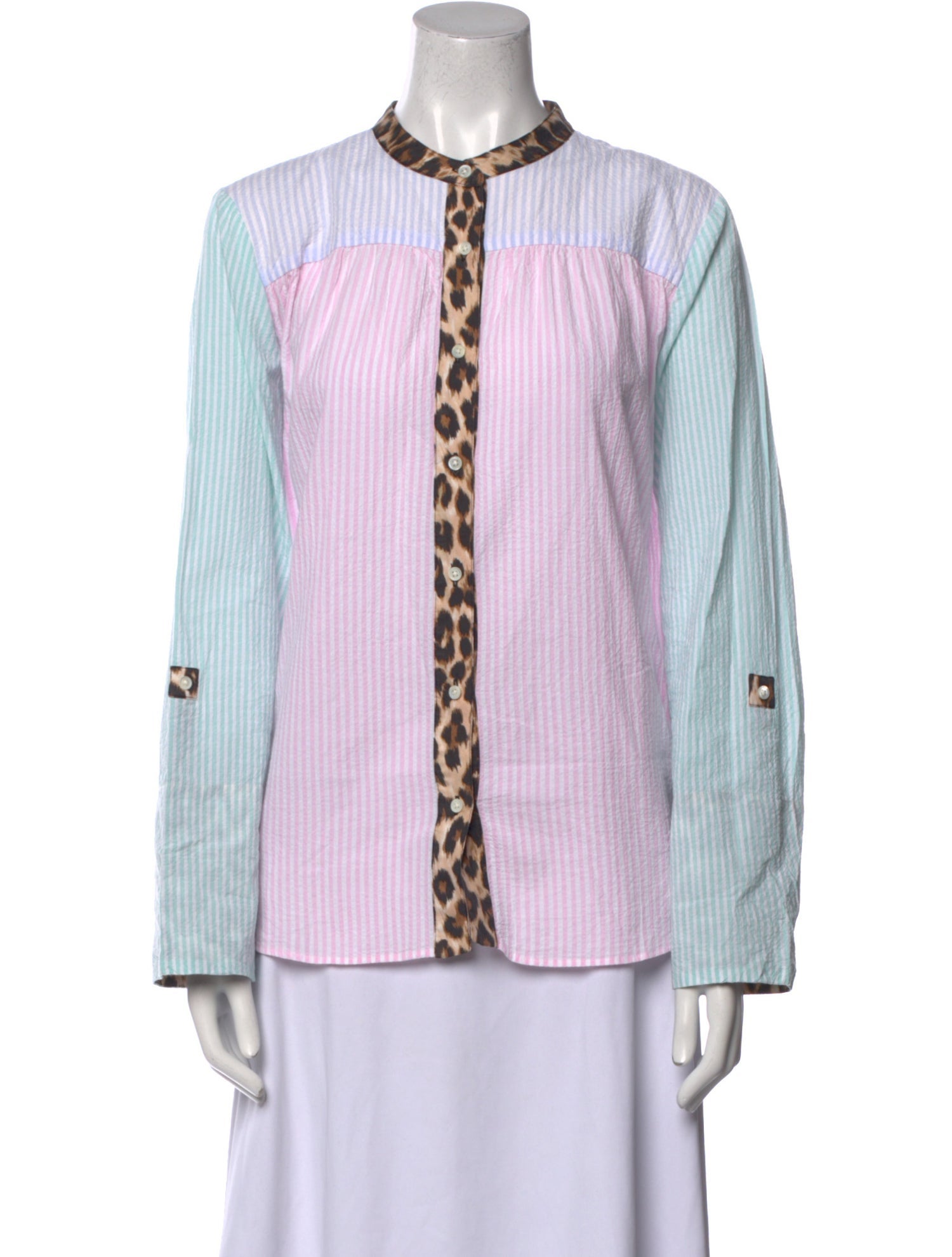 La Prestic Ouiston Striped Mock Neck Button-Up Top