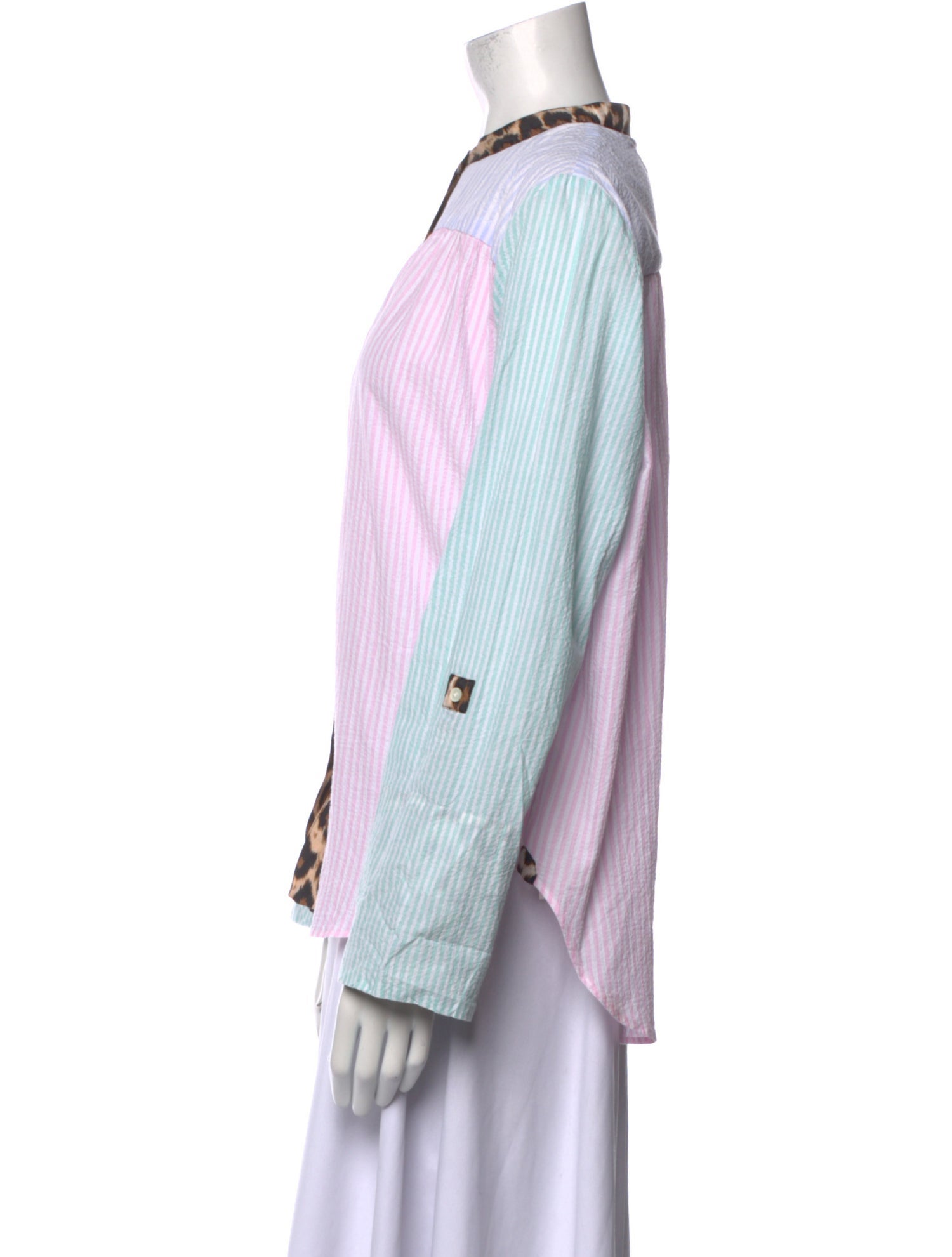 La Prestic Ouiston Striped Mock Neck Button-Up Top