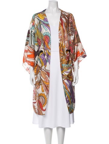 Pre-owned La Prestic Ouiston Silk Floral Print Robe In Neutral