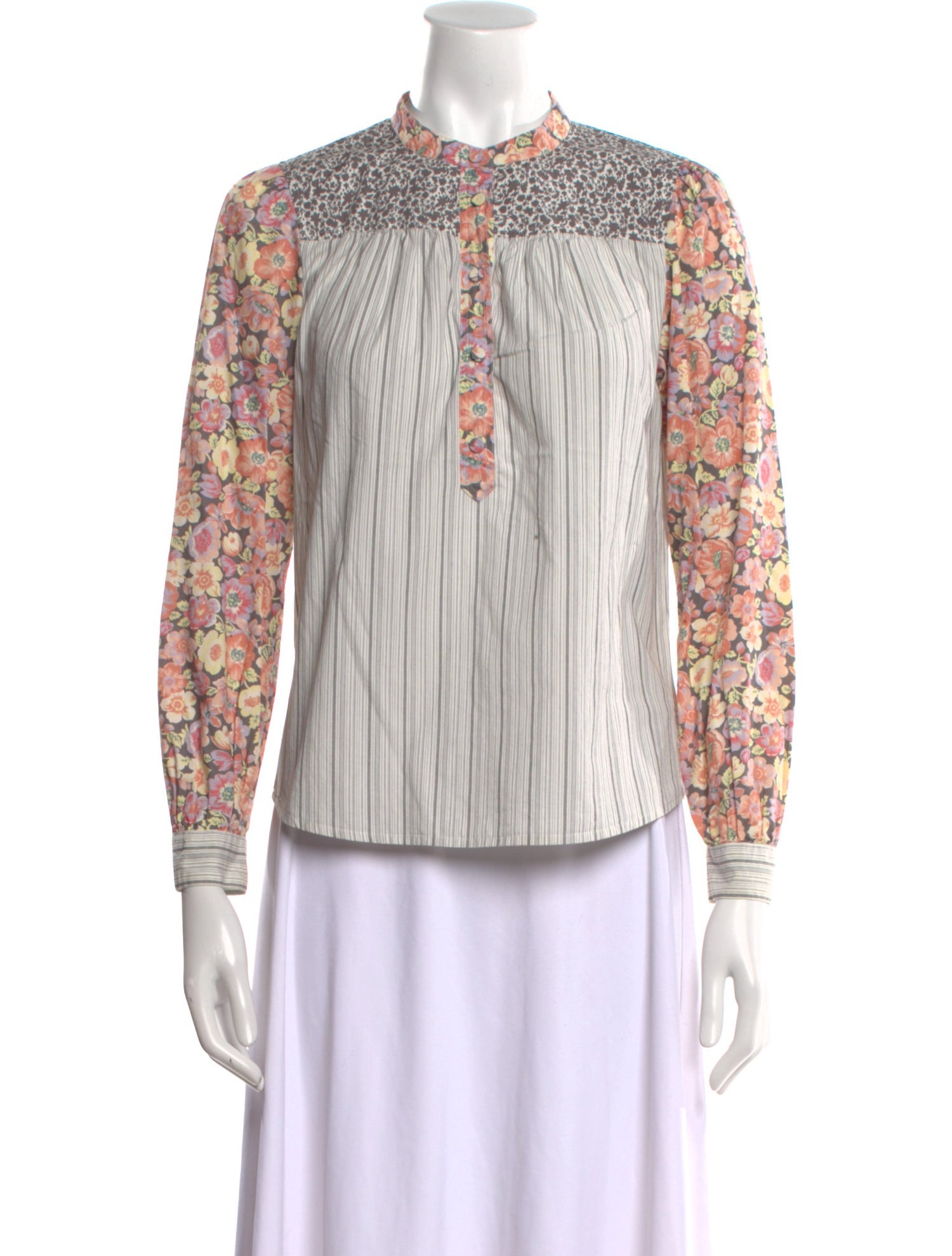 La Vie Rebecca Taylor Striped Mock Neck Button-Up Top