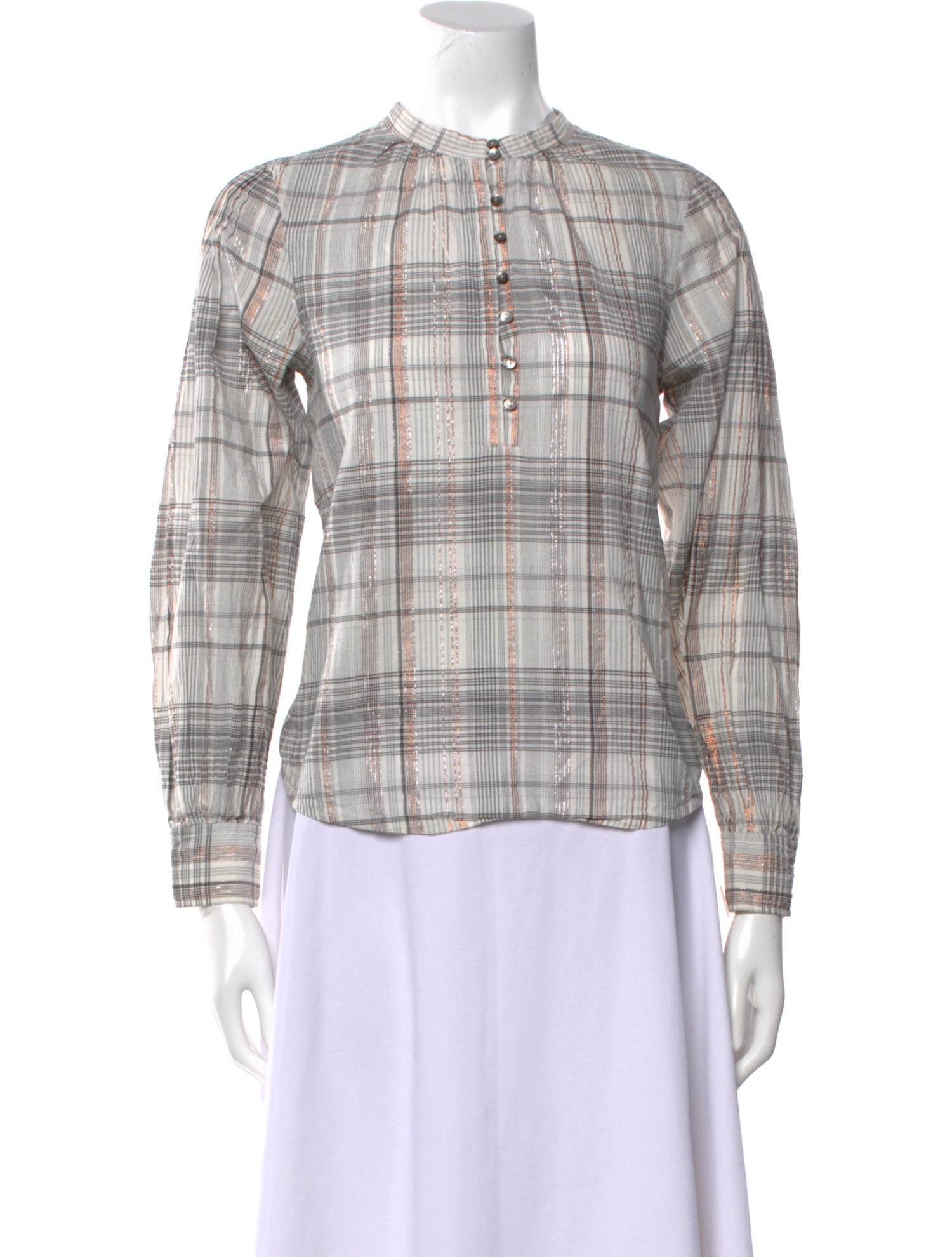 La Vie Rebecca Taylor Plaid Print Mock Neck Button-Up Top