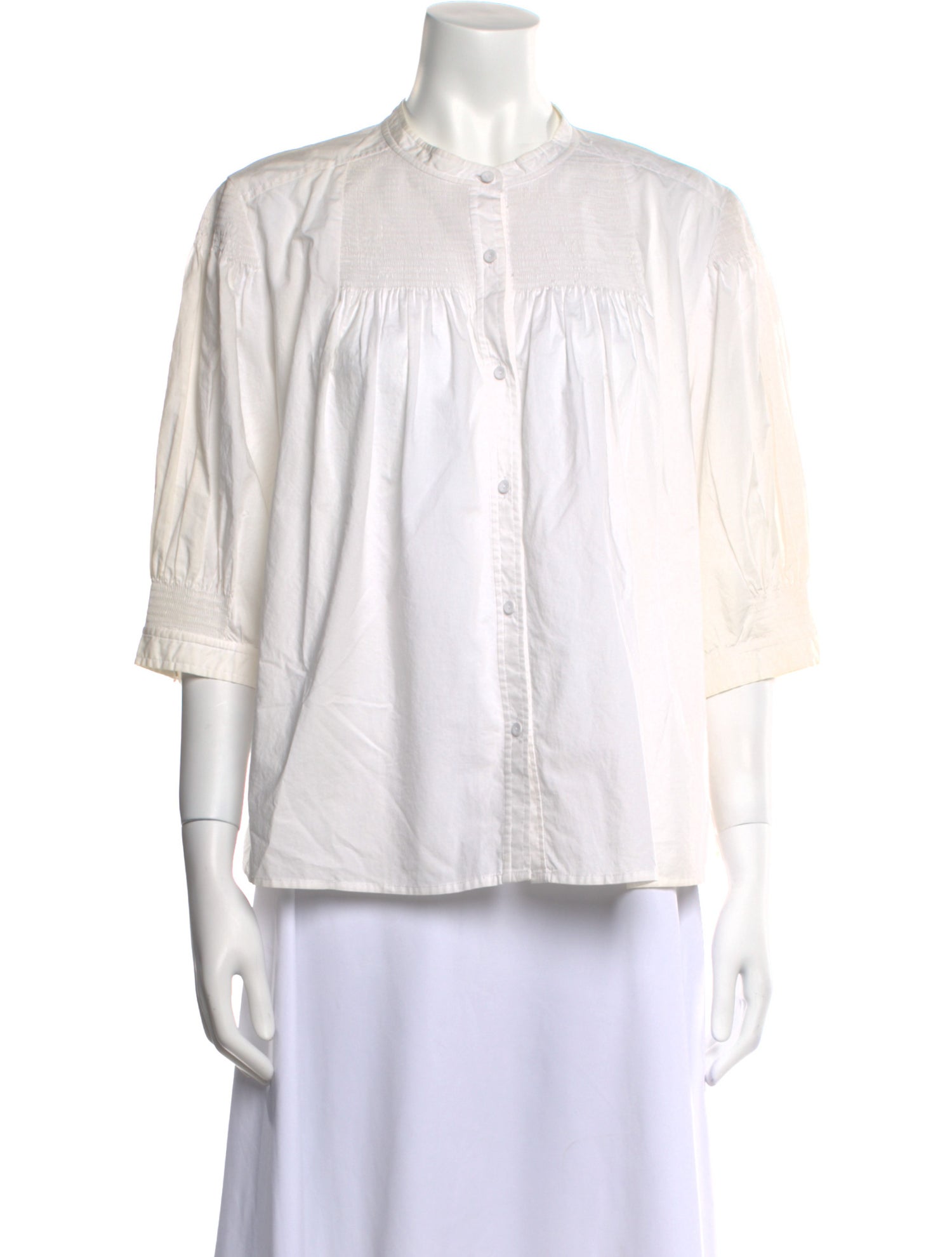 La Vie Rebecca Taylor Mock Neck Three-Quarter Sleeve Button-Up Top