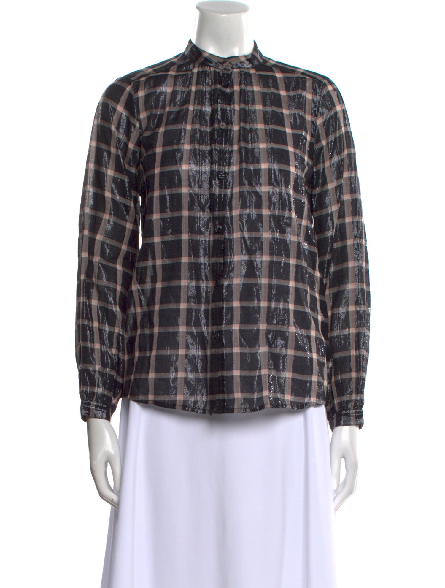 La Vie Rebecca Taylor Plaid Print Mock Neck Button-Up Top
