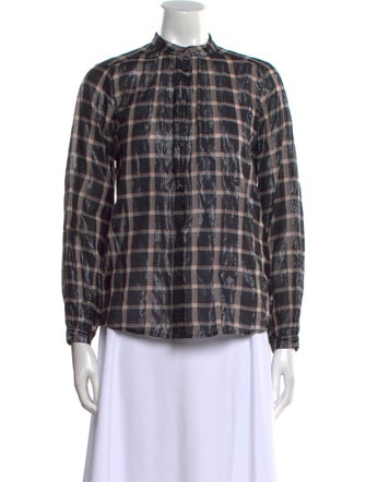 La Vie Rebecca Taylor Plaid Print Mock Neck Button-Up Top