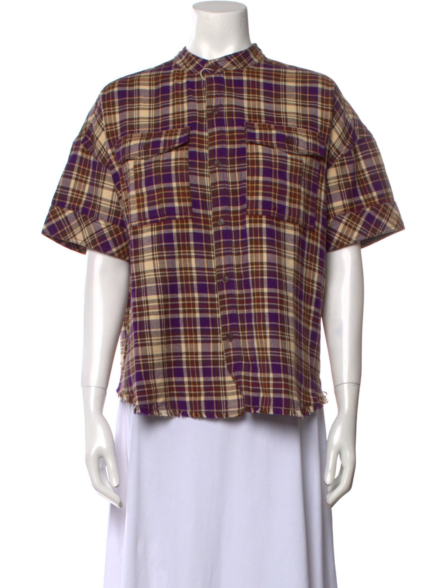 Laurence Bras Plaid Print Mock Neck Button-Up Top