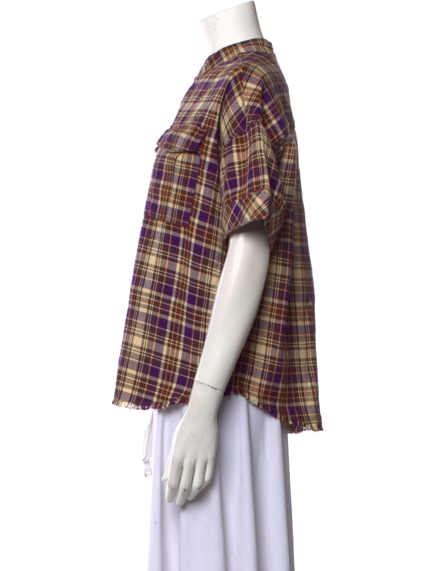 Laurence Bras Plaid Print Mock Neck Button-Up Top