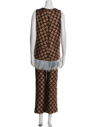 La DoubleJ Printed Feather Trim Pant Set