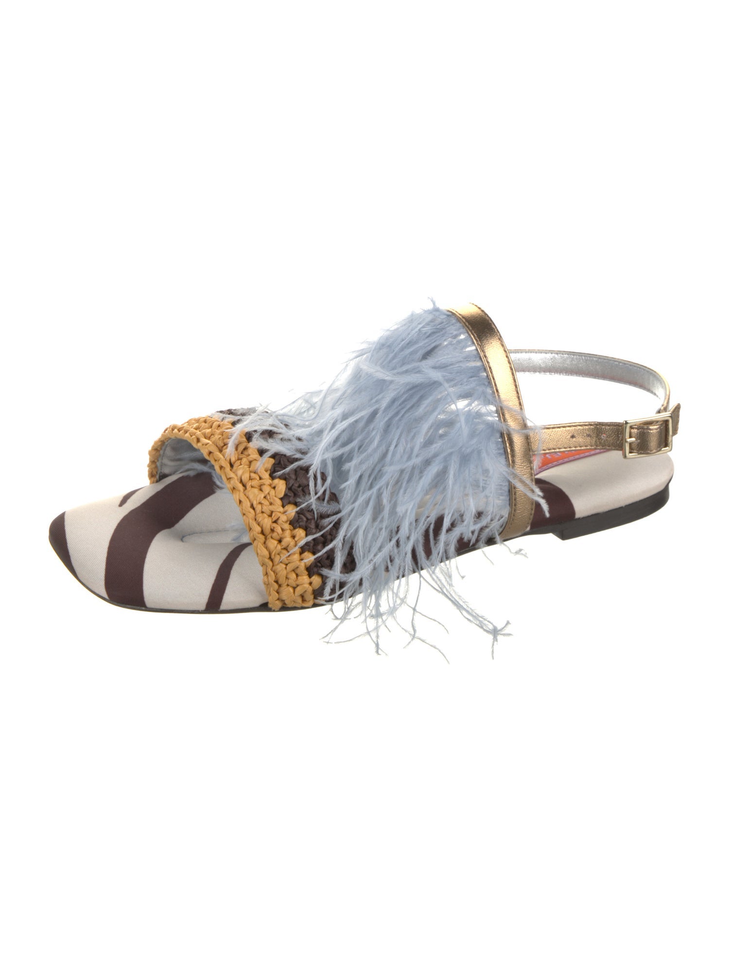 La DoubleJ Animal Print Feather Trim Slingback Sandals