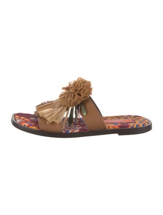 La DoubleJ Leather Pom-Pom Embellishments Slides