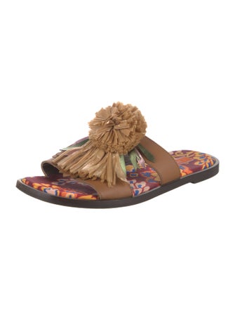 La DoubleJ Leather Pom-Pom Embellishments Slides