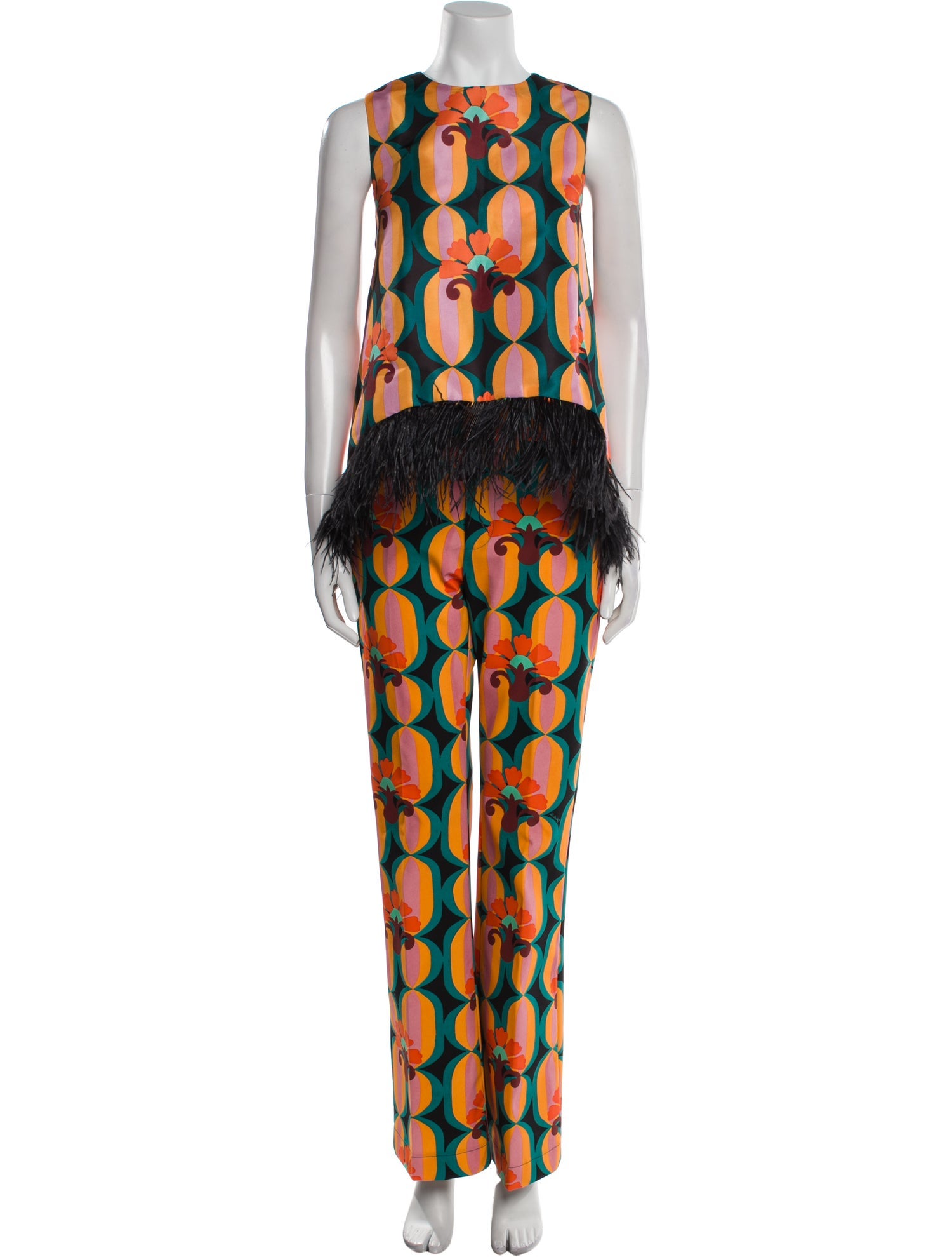 La DoubleJ Printed Feather Trim Pant Set