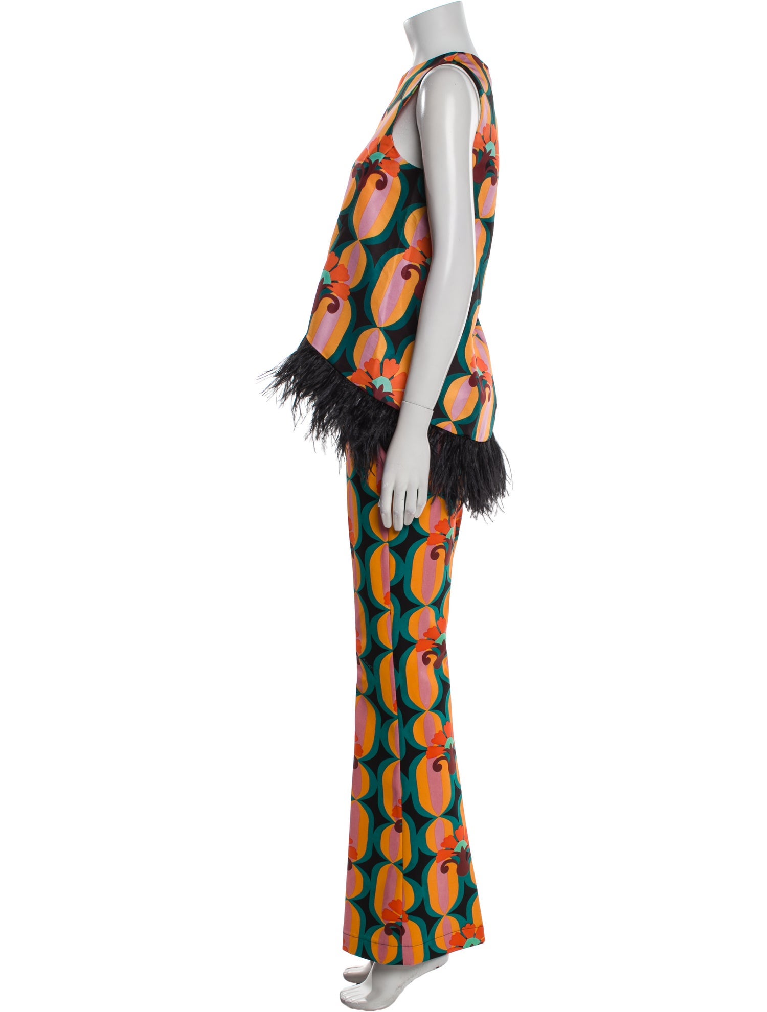 La DoubleJ Printed Feather Trim Pant Set