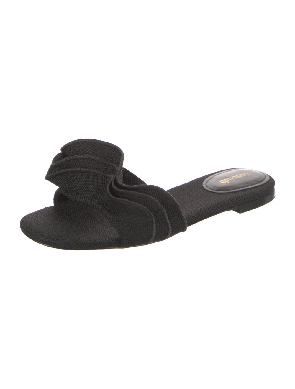 Larroude Canvas Slides Black Ruffle Embellishment - image 2