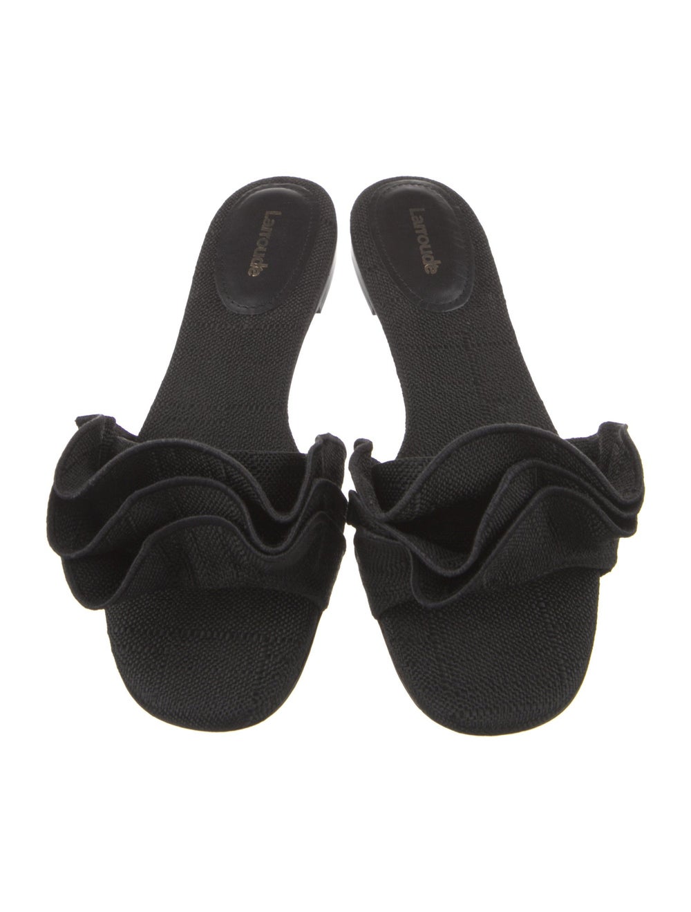 Larroude Canvas Slides Black Ruffle Embellishment - image 3