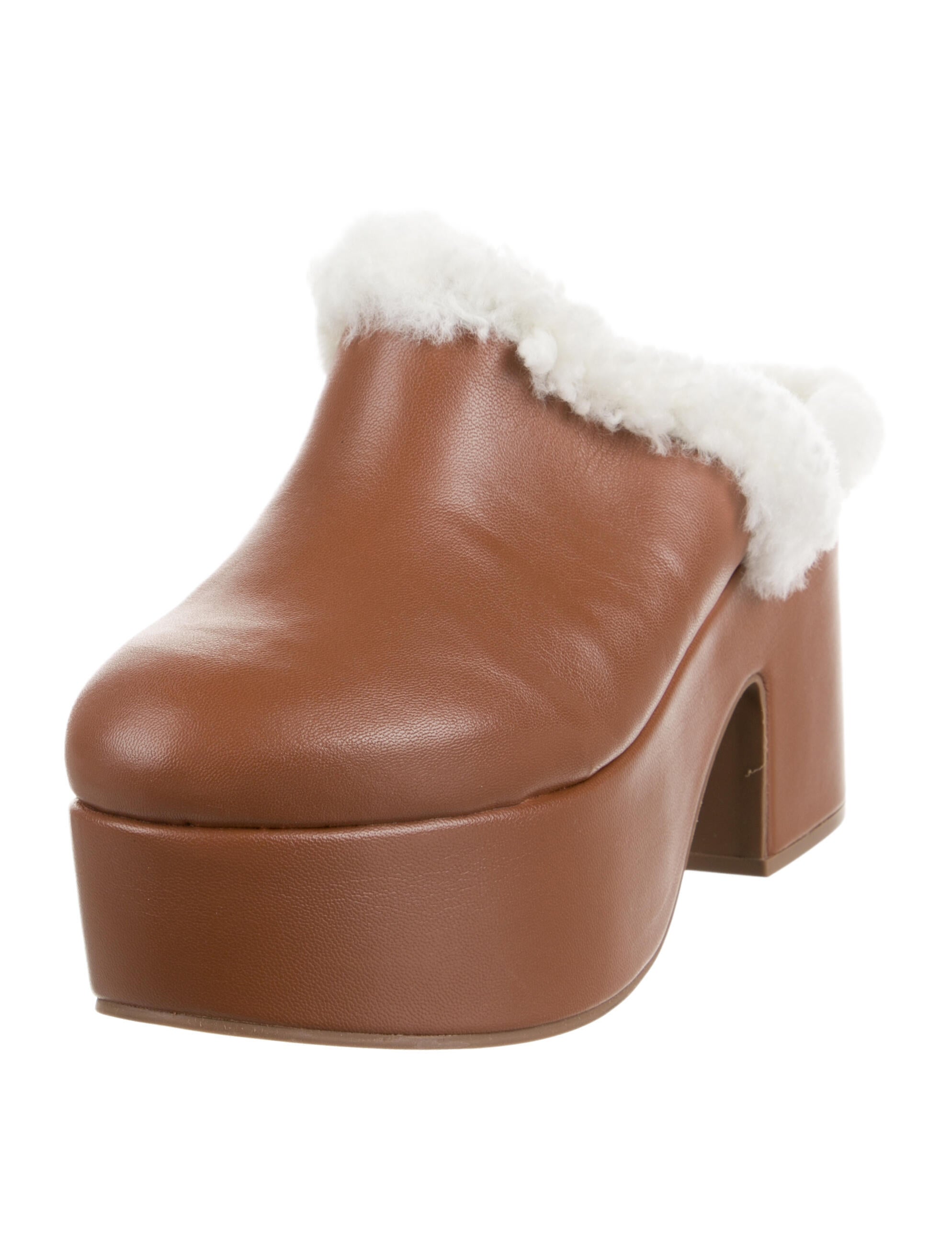 Larroude Leather Faux Fur Trim Mules